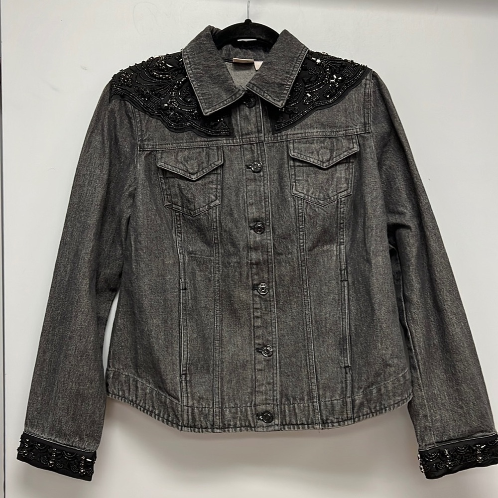 NWT! Chico’s Lace Detail Sequined Stone Gray Wash Denim Jacket